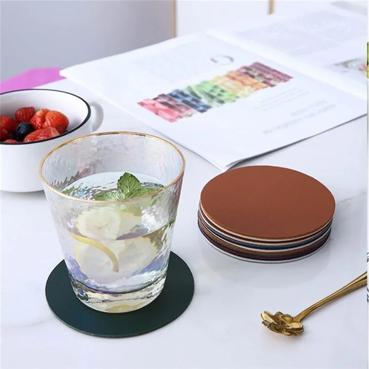 6pcs PU Cuir Coasters Ronds Résistant À La Chaleur Tapis Anti-dérapage Tapis De Tampon - Vin Rouge