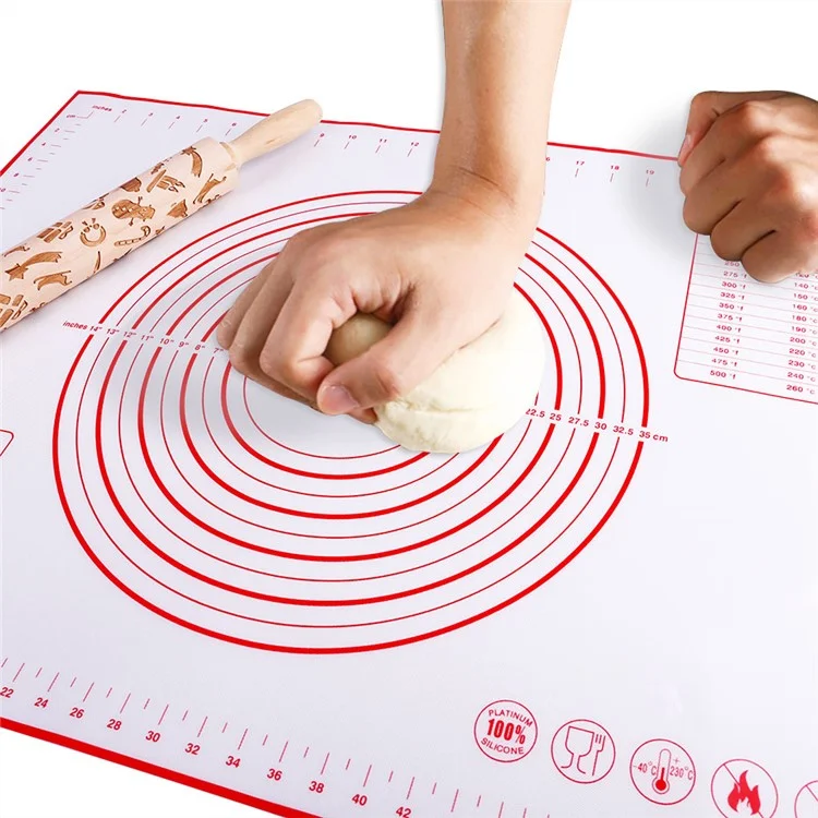 60cmx60cm Silicone Pastry Mat Non-slip Kitchen Baking Cookies Pizza Pad with Measurement Scale (BPA-free, No FDA Certificate) - Red