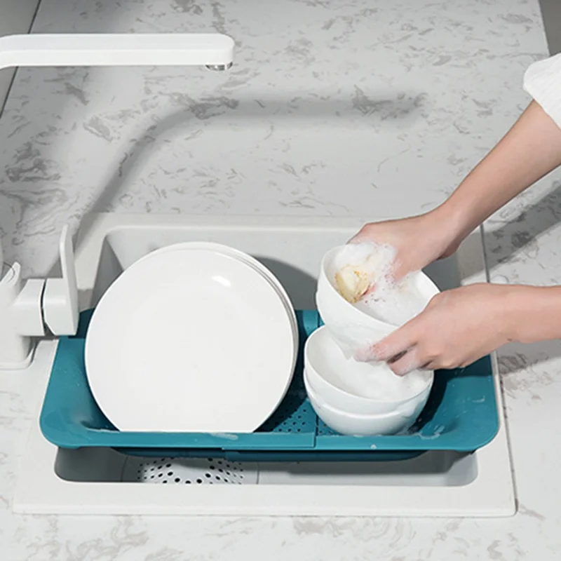 Plastic Sink Drain Basket Retractable Vegetable Washing Hanger Kitchen Supplies (without FDA Certificate, BPA Free) - Green