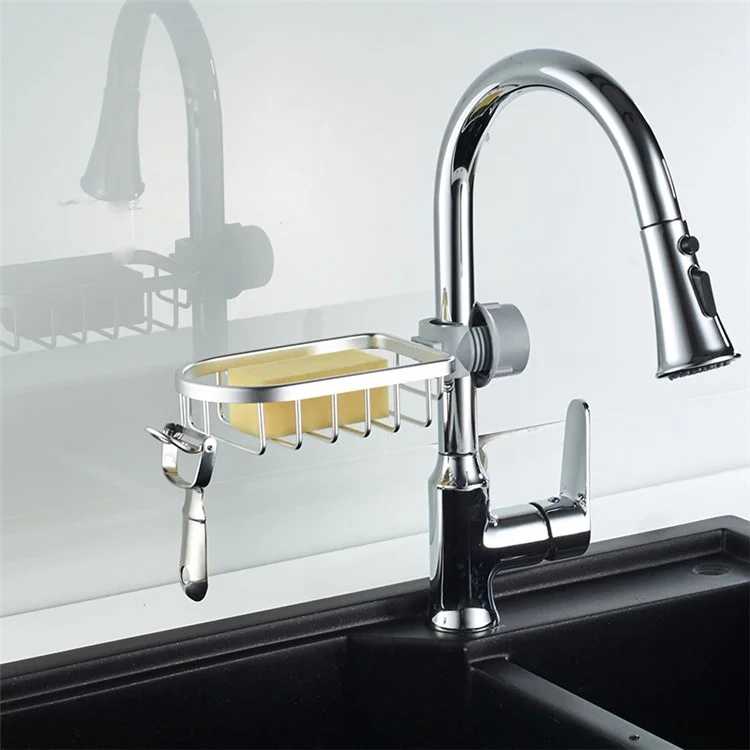 Kitchen Sink Faucet Aluminum Storage Basket Bathroom Shower Rod Storage Shelf Shampoo Soap Sponge Holder Drain Rack - Silver