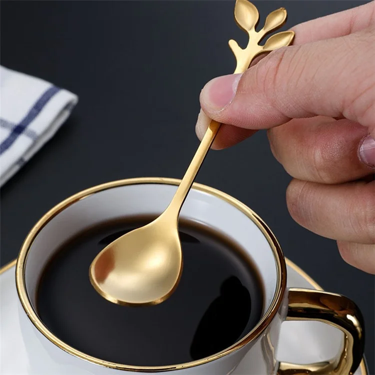 6PCS / Set Stainless Steel Gold Leaf Coffee Spoon 16.4cm Ice-Cream Tea Stirring Spoons for Tea, Coffee - Green