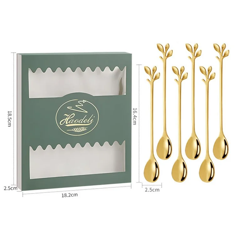 6PCS / Set Stainless Steel Gold Leaf Coffee Spoon 16.4cm Ice-Cream Tea Stirring Spoons for Tea, Coffee - Green