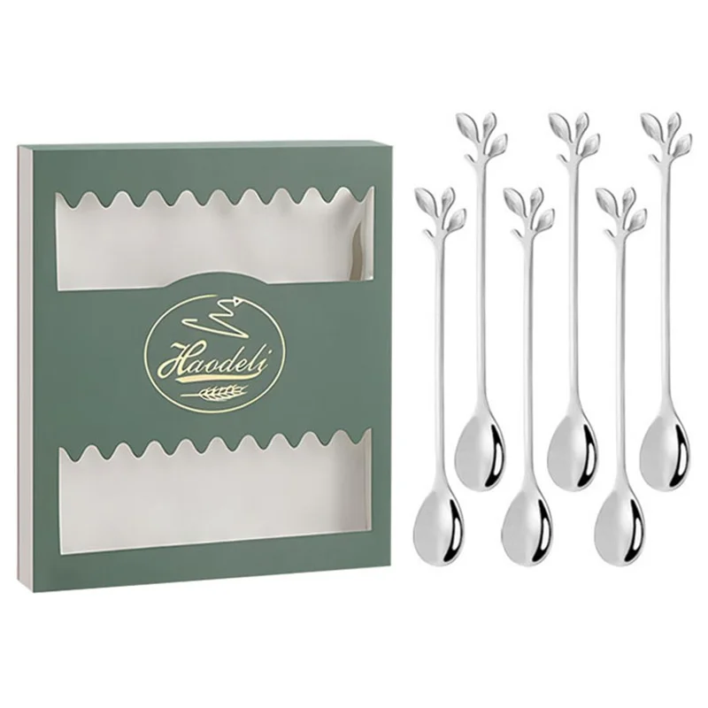 6PCS / Set Stainless Steel Leaf Shape Silver Dessert Spoons for Coffee Ice Cream Cake Teaspoon Set - Green