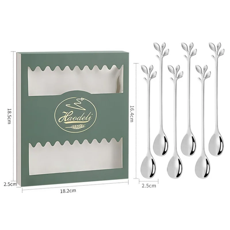 6PCS / Set Stainless Steel Leaf Shape Silver Dessert Spoons for Coffee Ice Cream Cake Teaspoon Set - Green