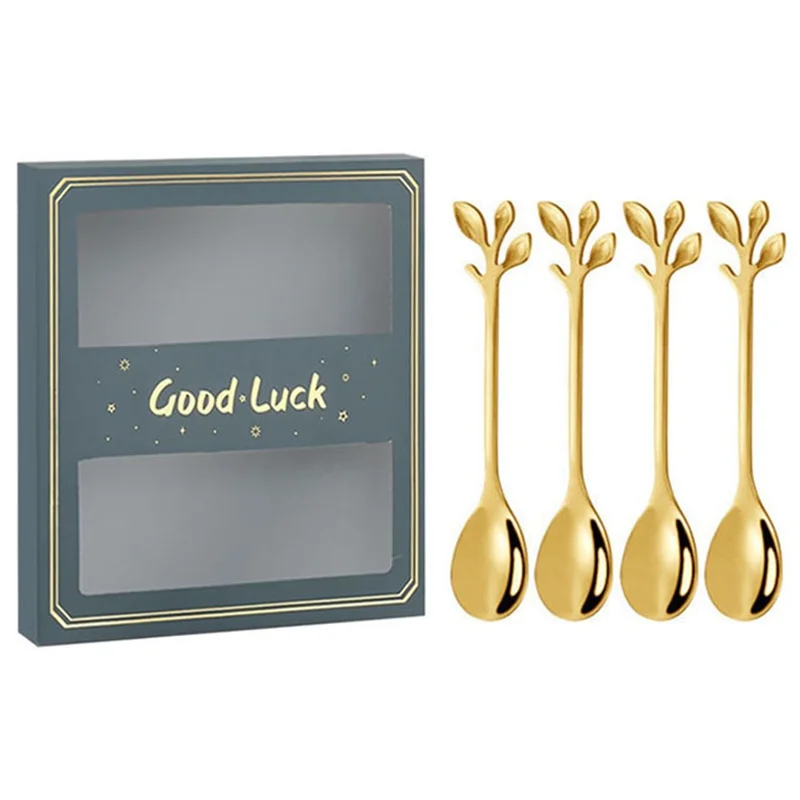 4PCS / Set 12.2 cm Stainless Steel Leaf Coffee Spoons Tableware Stirring Mixing Spoons for Ice Tea, Coffee, Dessert - Green  /  Gold