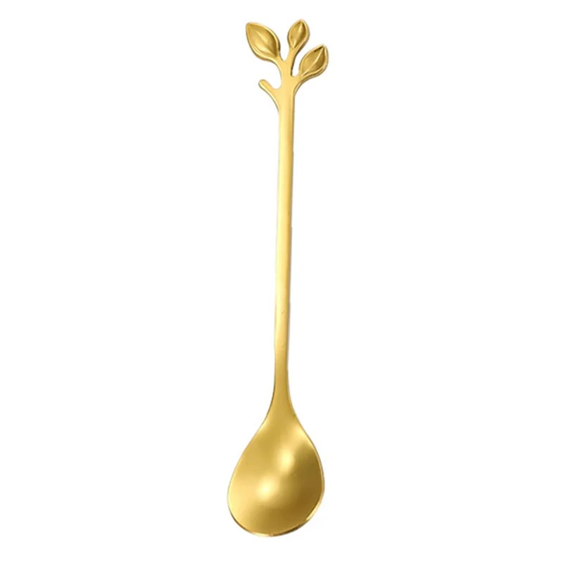 4PCS / Set 12.2 cm Stainless Steel Leaf Coffee Spoons Tableware Stirring Mixing Spoons for Ice Tea, Coffee, Dessert - Green  /  Gold