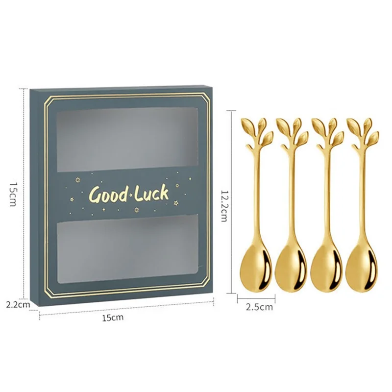 4PCS / Set 12.2 cm Stainless Steel Leaf Coffee Spoons Tableware Stirring Mixing Spoons for Ice Tea, Coffee, Dessert - Green  /  Gold