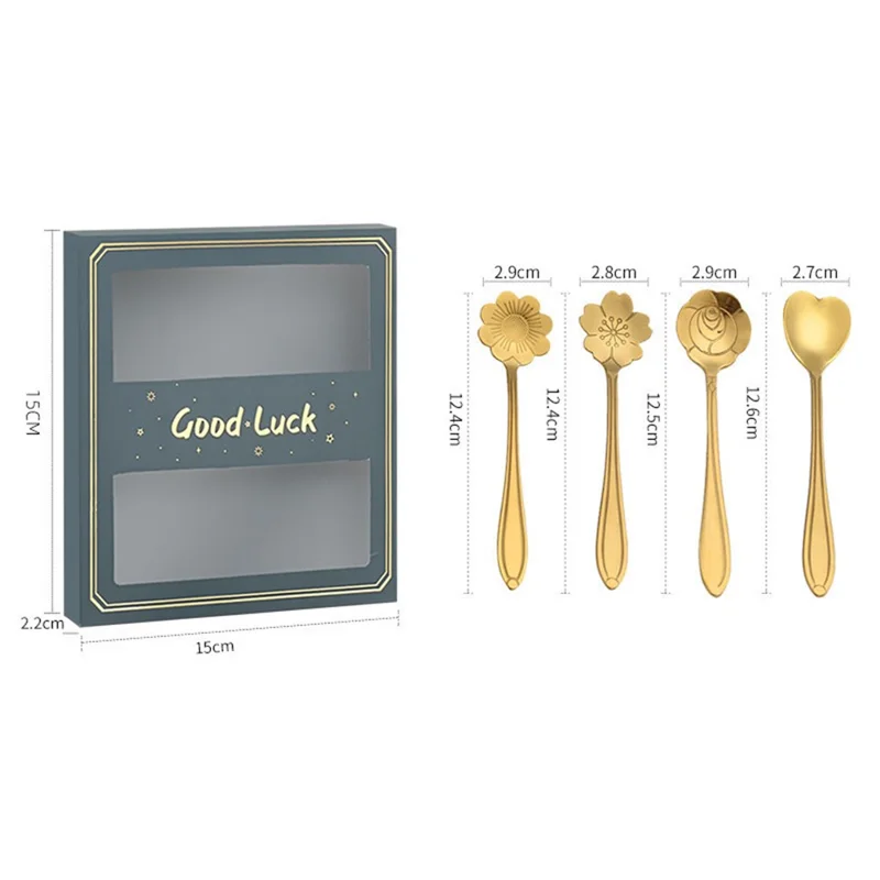 4PCS / Set 12.4-12.6cm Stainless Steel Flower Shape Spoons Coffee Mixing Ice Cream Dessert Spoons - Green  /  Gold