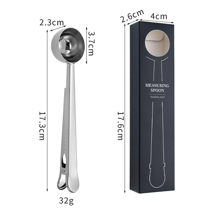 Cuchara medidora y clip para bolsa de café de acero inoxidable 2 en 1 (libre de BPA, sin FDA) - Plata