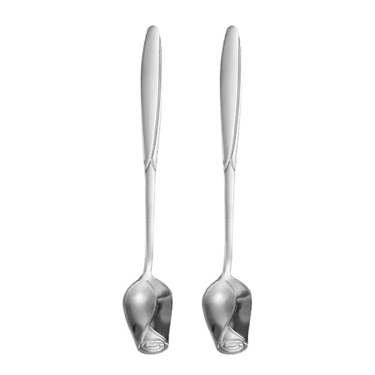 2Pcs Rose Flower Spoon Set Stainless Steel Stirring Spoon Ice Cream Spoon, Silver (BPA Free, No FDA) - 13.2x2.2cm