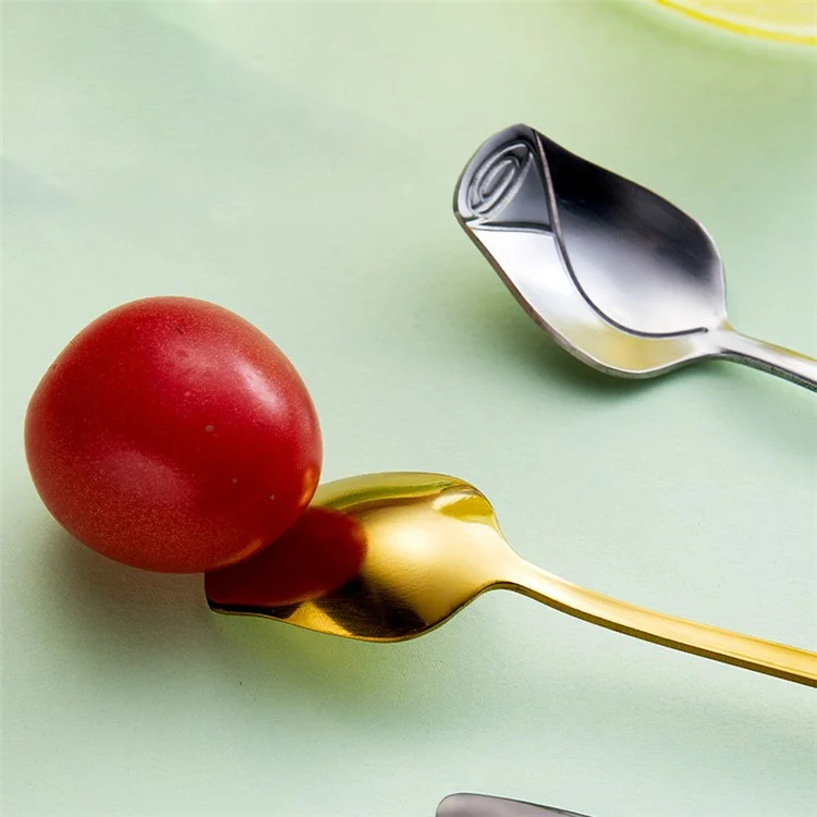 2Pcs Rose Flower Spoon Set Stainless Steel Stirring Spoon Ice Cream Spoon, Silver (BPA Free, No FDA) - 13.2x2.2cm