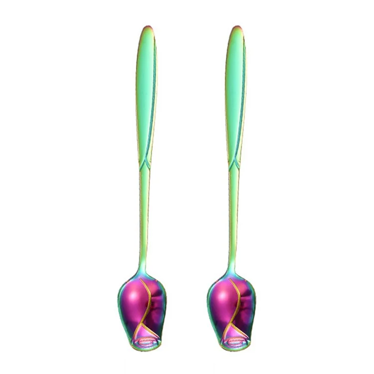 2Pcs Rose Flower Stirring Spoon Set Stainless Steel Ice Cream Spoon, Multi-color (BPA Free, No FDA) - 13.2x2.2cm