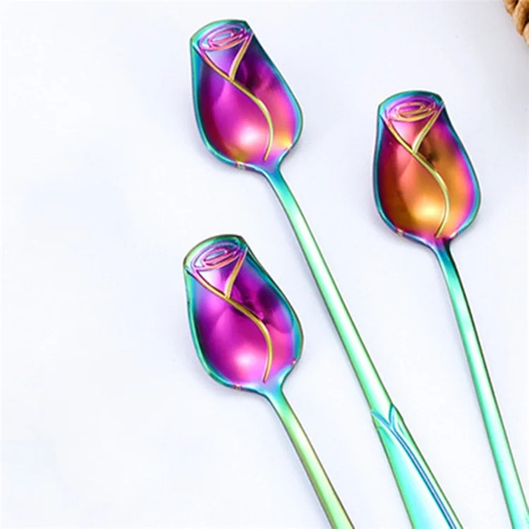 2Pcs Rose Flower Stirring Spoon Set Stainless Steel Ice Cream Spoon, Multi-color (BPA Free, No FDA) - 13.2x2.2cm