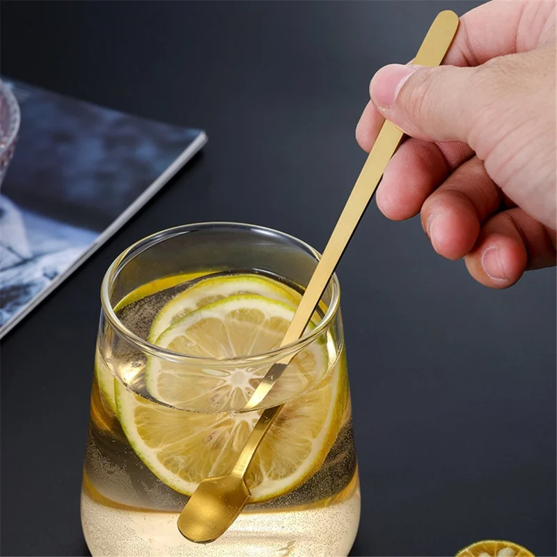 3Pcs 14.8cm Long Handle Dessert Spoon Stainless Steel Square Head Stirring Spoon, Gold (BPA Free, No FDA)