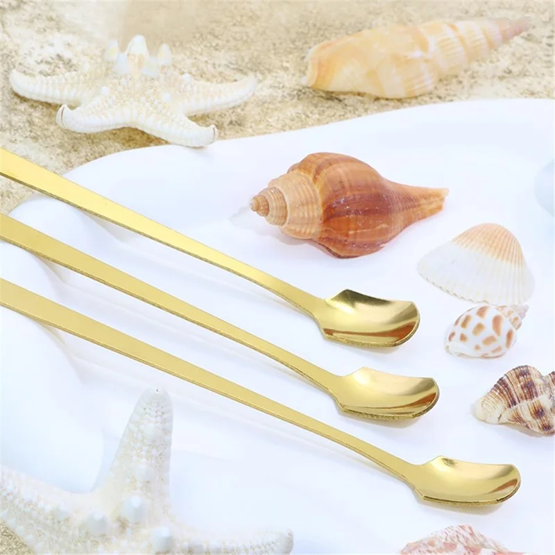 3Pcs 14.8cm Long Handle Dessert Spoon Stainless Steel Square Head Stirring Spoon, Gold (BPA Free, No FDA)