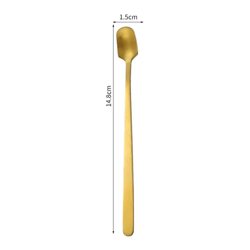 3Pcs 14.8cm Long Handle Dessert Spoon Stainless Steel Square Head Stirring Spoon, Gold (BPA Free, No FDA)