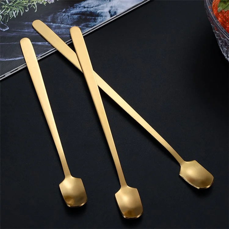 3Pcs 16.8cm Square Head Stirring Spoon Long Handle Stainless Steel Dessert Spoon, Gold (BPA Free, No FDA)