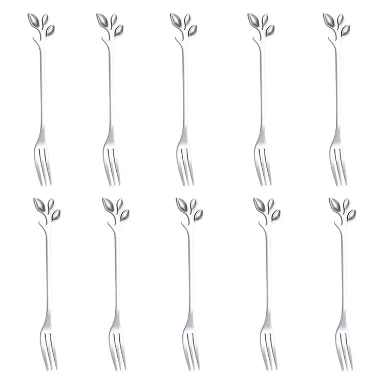 10Pcs 12cm Leaf Design Stainless Steel Fruit Dessert Spoon / Fork, Silver (BPA Free, No FDA) - Fork