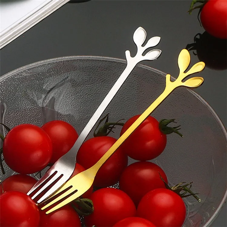 10Pcs 12cm Leaf Design Stainless Steel Fruit Dessert Spoon / Fork, Silver (BPA Free, No FDA) - Fork