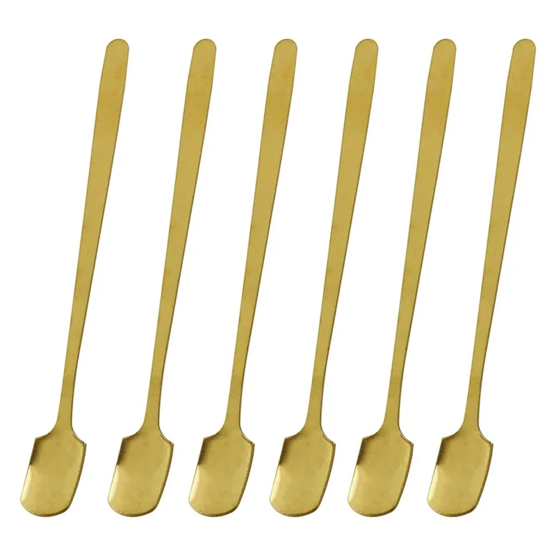 6Pcs 13.2cm Stainless Steel Square Head Spoon Long Handle Coffee Spoon, Gold (BPA Free, No FDA)