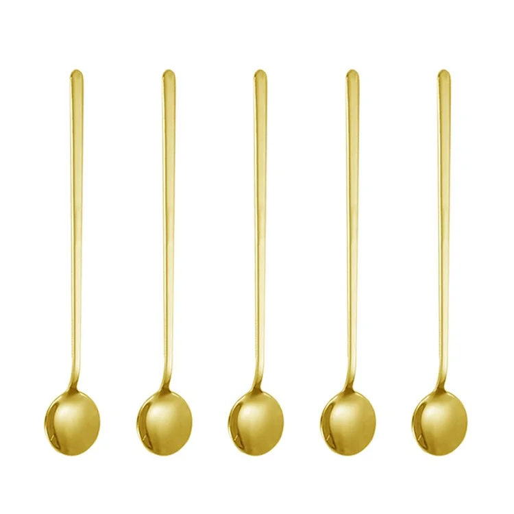 5Pcs 17.3cm Round Spoon Long Handle Stainless Steel Coffee Spoon, Gold (BPA Free, No FDA)