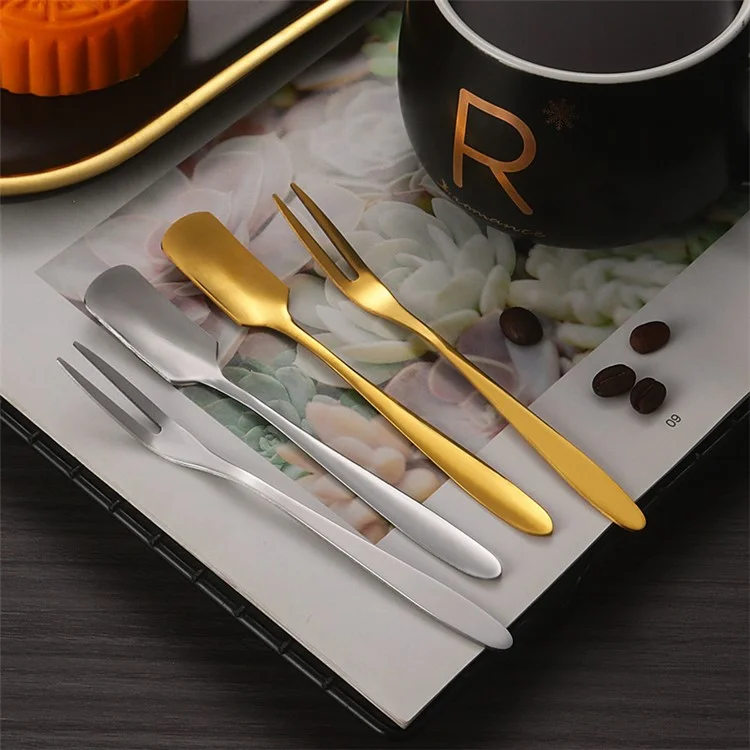 5 piezas Cucharita pequeña / Tenedor de acero inoxidable Cuchara de postre Tenedor de frutas (Sin BPA, sin certificado FDA) - Tenedor de tres dientes