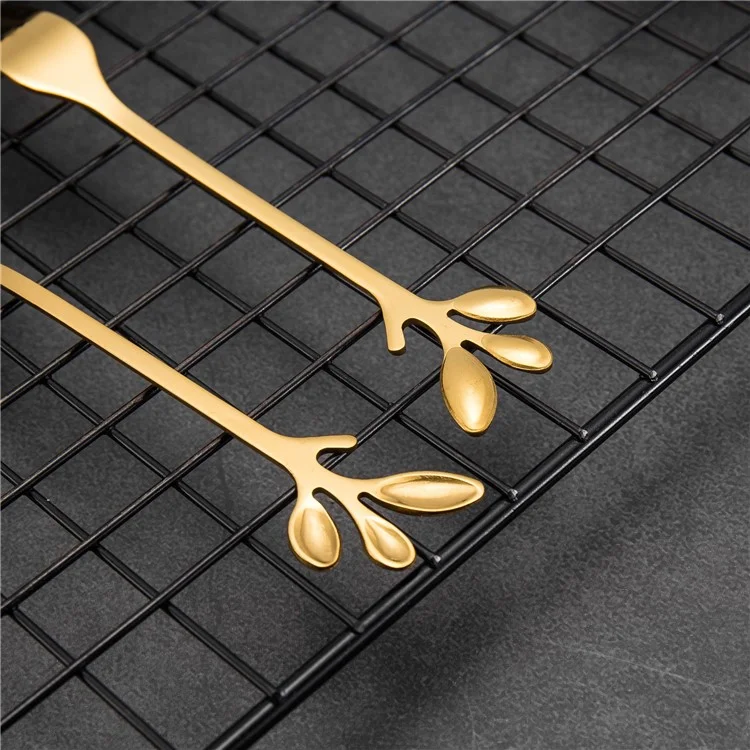 8 Spoons + 8 Forks Cute Leaf Design Stainless Steel Fruit Dessert Spoon Fork Set (BPA Free, No FDA Certificate) - Gold
