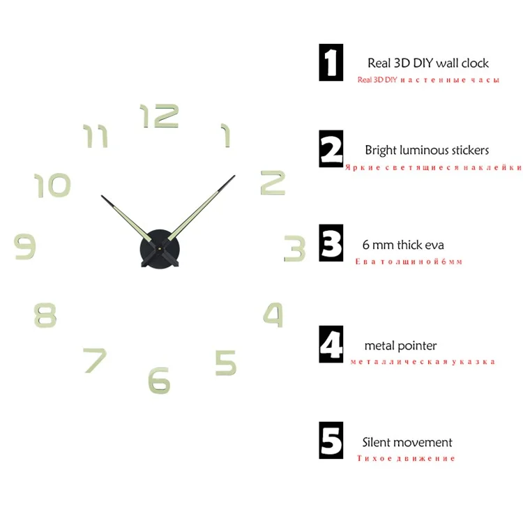 Акриловые 3D -освещенные Кварцевые Настенные Часы Большой Наклейка Домашний Офис