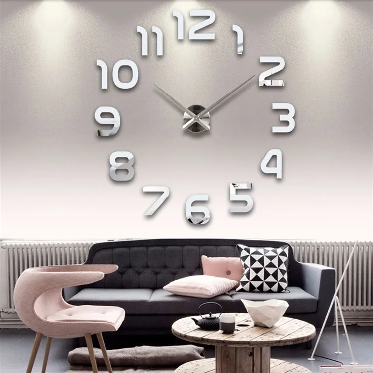 Modern DIY Acrylic Mirror Fashion Wall Clock Mirror Stickers Quartz Clock Home Decor - Silver