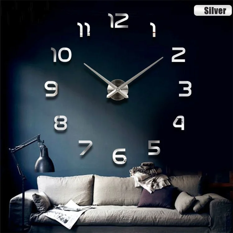 Modern DIY Acrylic Mirror Fashion Wall Clock Mirror Stickers Quartz Clock Home Decor - Silver