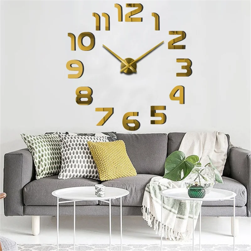 Modern DIY Acrylic Mirror Fashion Wall Clock Mirror Stickers Quartz Clock Home Decor - Gold