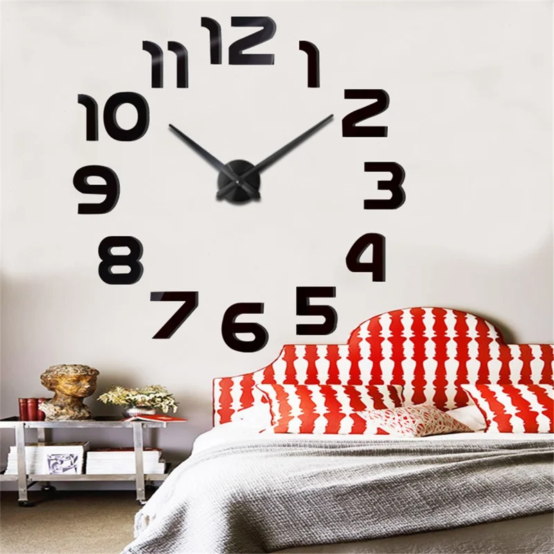 Modern DIY Acrylic Mirror Fashion Wall Clock Mirror Stickers Quartz Clock Home Decor - Black