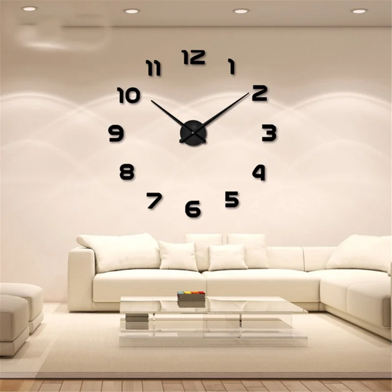 Modern DIY Acrylic Mirror Fashion Wall Clock Mirror Stickers Quartz Clock Home Decor - Black