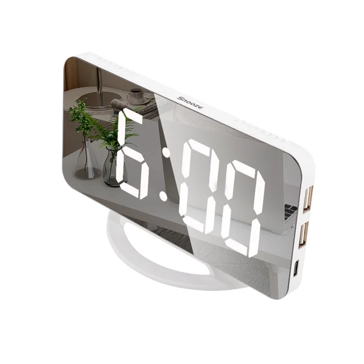 TS-8201 Espelho LED Relógio de Mesa com Mostrador Digital Espelho de Maquiagem Desktop Relógio Eletrônico Automático Fotossensível - Branco/Visor LED Branco 
