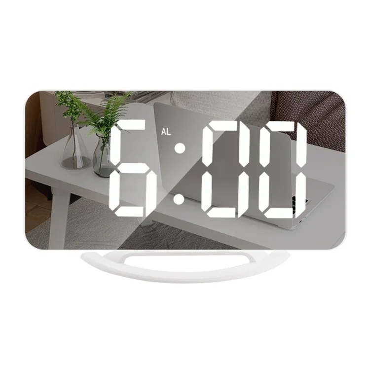 TS-8201 LED Mirror Digital Display Desk Clock Desktop Makeup Mirror Automatic Photosensitive Electronic Alarm Clock - White/White LED Display