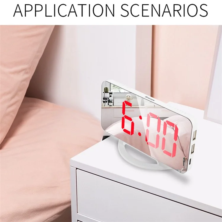 TS-8201 Espelho LED Relógio de Mesa com Mostrador Digital Espelho de Maquiagem Desktop Relógio Eletrônico Automático Fotossensível - Branco/Visor LED Branco 