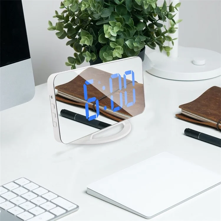 TS-8201 Espelho LED Relógio de Mesa com Mostrador Digital Espelho de Maquiagem Desktop Relógio Eletrônico Automático Fotossensível - Branco/Visor LED Branco 