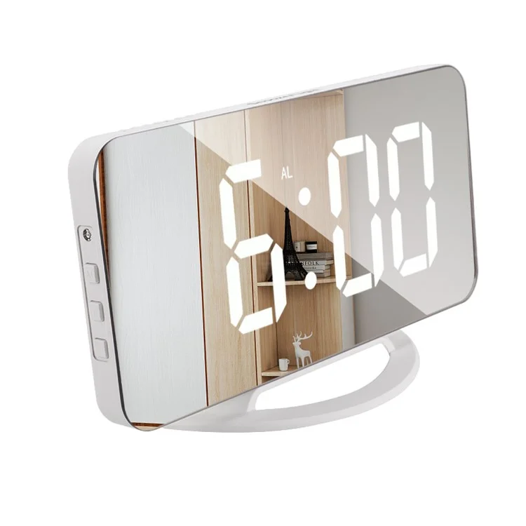 TS-8201 Espelho LED Relógio de Mesa com Mostrador Digital Espelho de Maquiagem Desktop Relógio Eletrônico Automático Fotossensível - Branco/Visor LED Branco 