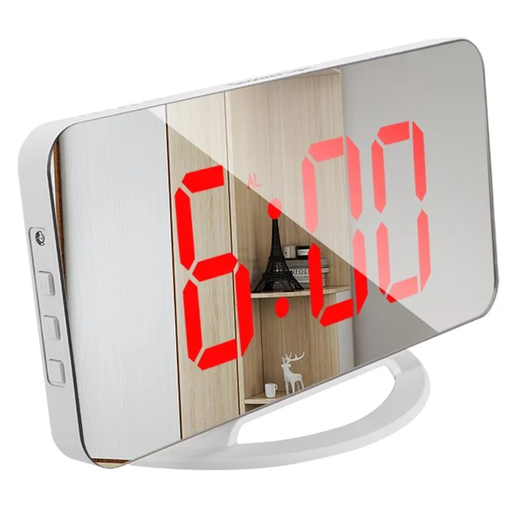 TS-8201 LED Mirror Digital Display Desk Clock Desktop Makeup Mirror Automatic Photosensitive Electronic Alarm Clock - White/Red LED Display
