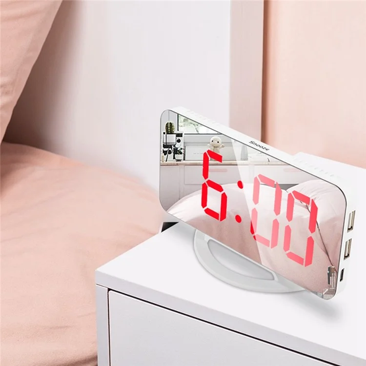 TS-8201 LED Mirror Digital Display Desk Clock Desktop Makeup Mirror Automatic Photosensitive Electronic Alarm Clock - White/Red LED Display