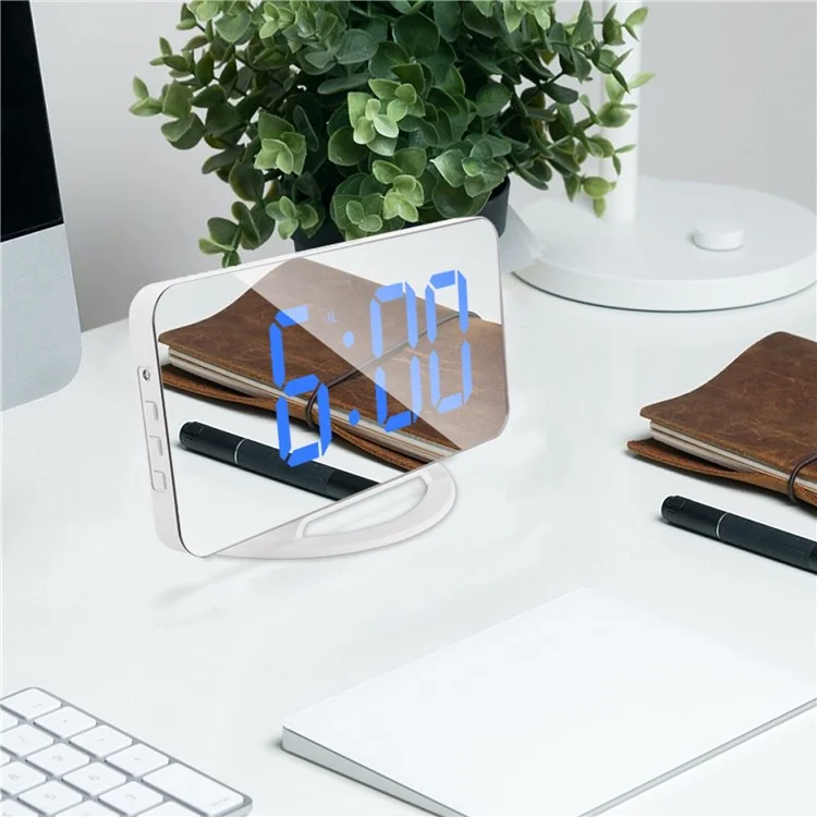 TS-8201 LED Mirror Digital Display Desk Clock Desktop Makeup Mirror Automatic Photosensitive Electronic Alarm Clock - White/Blue LED Display