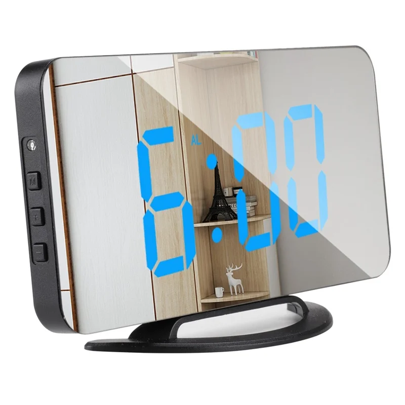 TS-8201 LED Mirror Digital Display Desk Clock Desktop Makeup Mirror Automatic Photosensitive Electronic Alarm Clock - Black/Blue LED Display