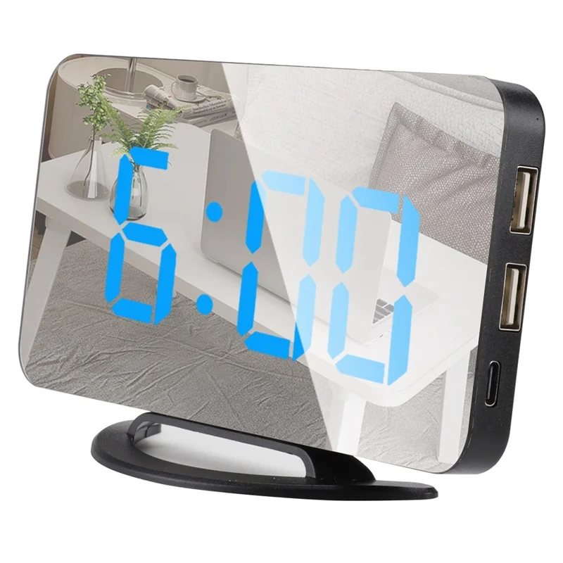 TS-8201 LED Mirror Digital Display Desk Clock Desktop Makeup Mirror Automatic Photosensitive Electronic Alarm Clock - Black/Blue LED Display