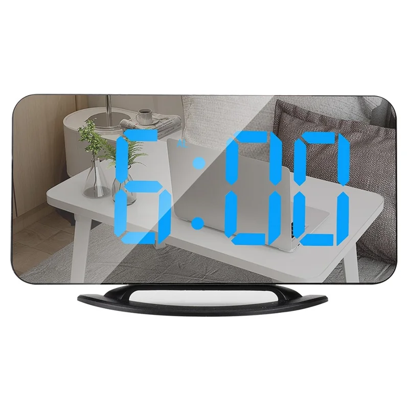 TS-8201 LED Mirror Digital Display Desk Clock Desktop Makeup Mirror Automatic Photosensitive Electronic Alarm Clock - Black/Blue LED Display