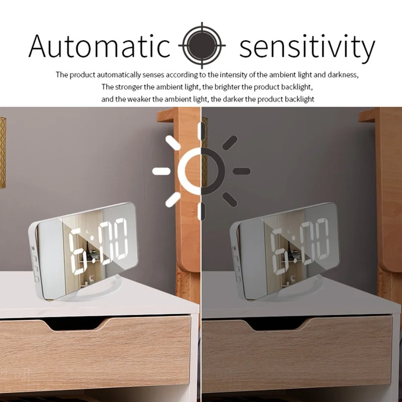 TS-8201 LED Mirror Digital Display Desk Clock Desktop Makeup Mirror Automatic Photosensitive Electronic Alarm Clock - Black/Blue LED Display