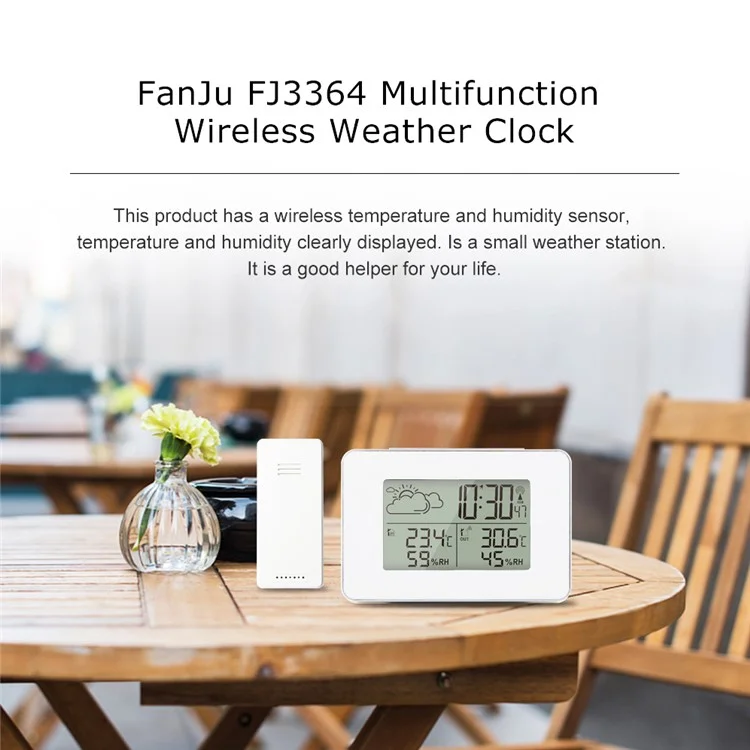 FJ3364 Weather Station Digital Alarm Clock Wireless Sensor Hygrometer Thermometer LCD Desktop Multi-function Clocks with Calendar - White