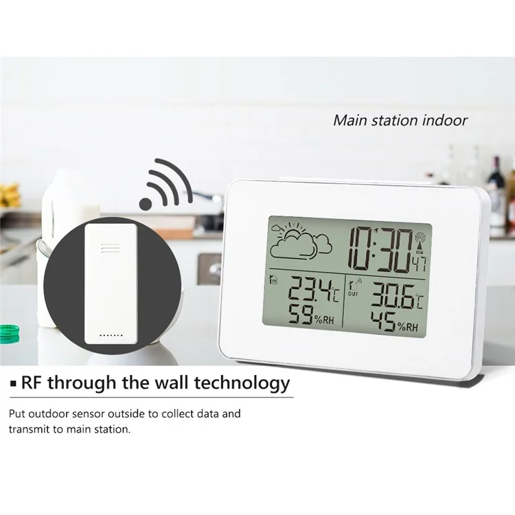 Station météorologique FJ3364 Horloge numérique d'alarme sans fil Hygromètre Thermomètre Écran LCD Bureau Multifonction Horloges avec Calendrier - Blanc
