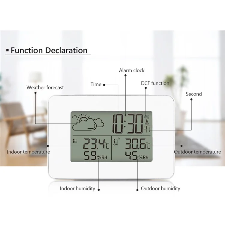 FJ3364 Weather Station Digital Alarm Clock Wireless Sensor Hygrometer Thermometer LCD Desktop Multi-function Clocks with Calendar - White