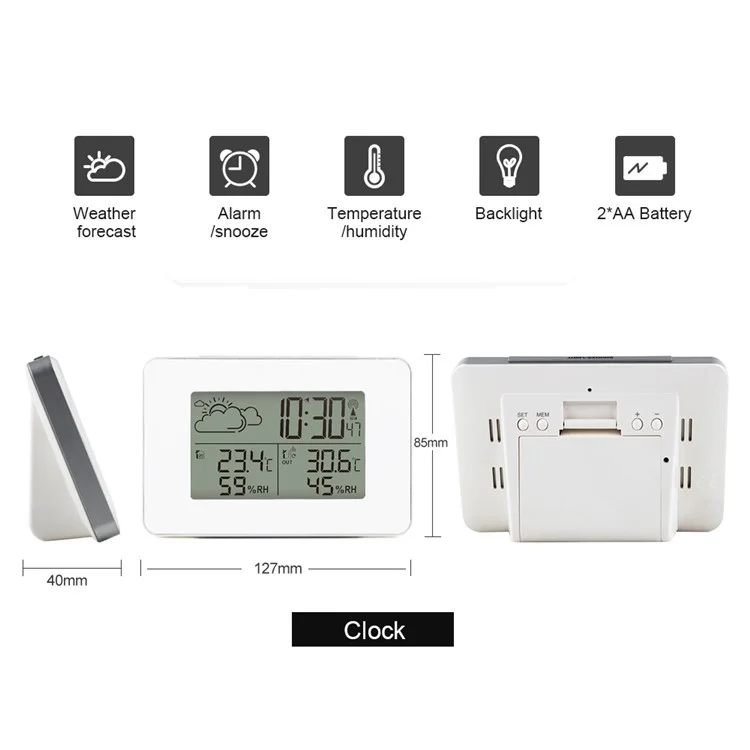 FJ3364 Weather Station Digital Alarm Clock Wireless Sensor Hygrometer Thermometer LCD Desktop Multi-function Clocks with Calendar - White