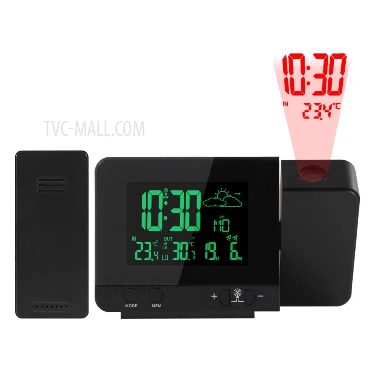 FJ3531B 8 Colors Screen Projection Weather Station Alarm Clock Indoor Outdoor Temperature Digital Clock With Snooze - EU Plug